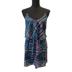 Sleeveless Fit & Flare Dress Sz 5 Navy Pink Turquoise White v-neck geo print Y2K